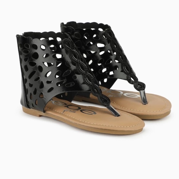 NWT BEBE GIRLS Shiny Black Perforated Cut Out Gladiator Goddess Bootie Sandals - Picture 5 of 9